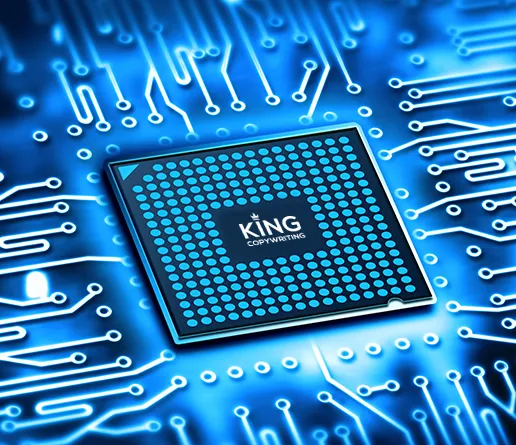 King Copywriting logo integrated into a technical microchip design, representing precision-engineered messaging.