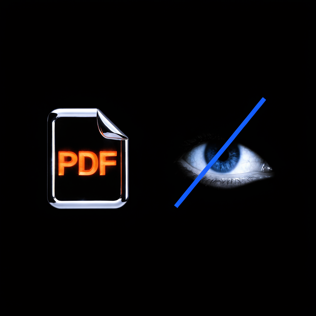 A PDF document and a crossed-out eye on a dark void