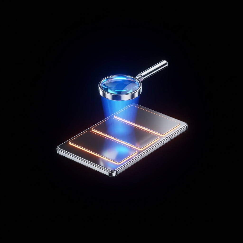 A chrome pitch deck and magnifying glass on a dark void