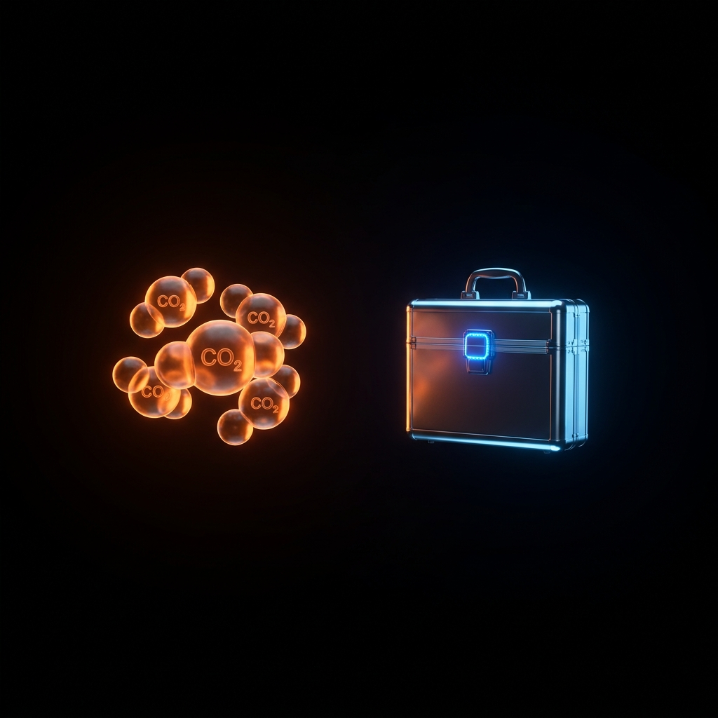A glowing CO2 molecule and chrome briefcase on a dark void