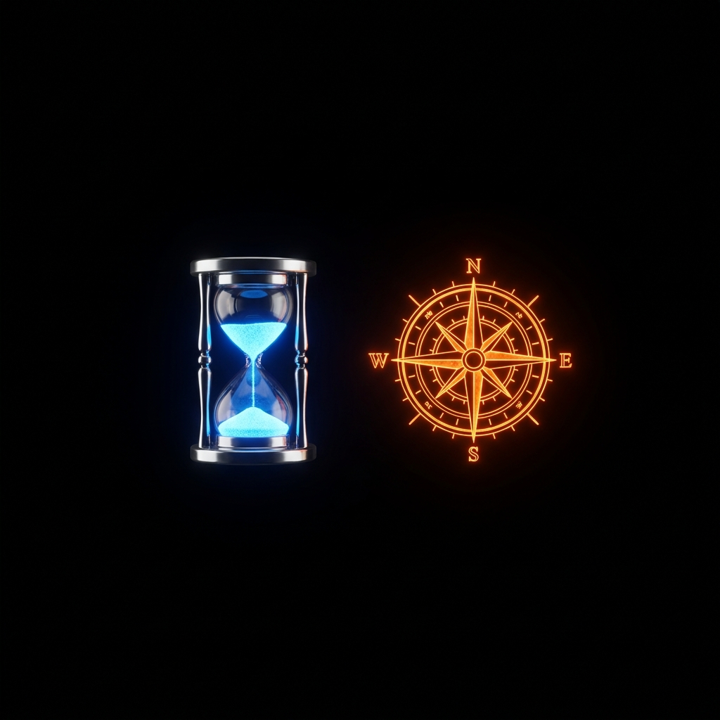 A chrome hourglass and orange compass rose on a dark void
