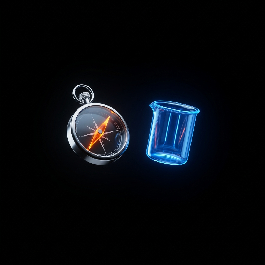 A chrome compass with pivoting orange needle and blue beaker on a dark void