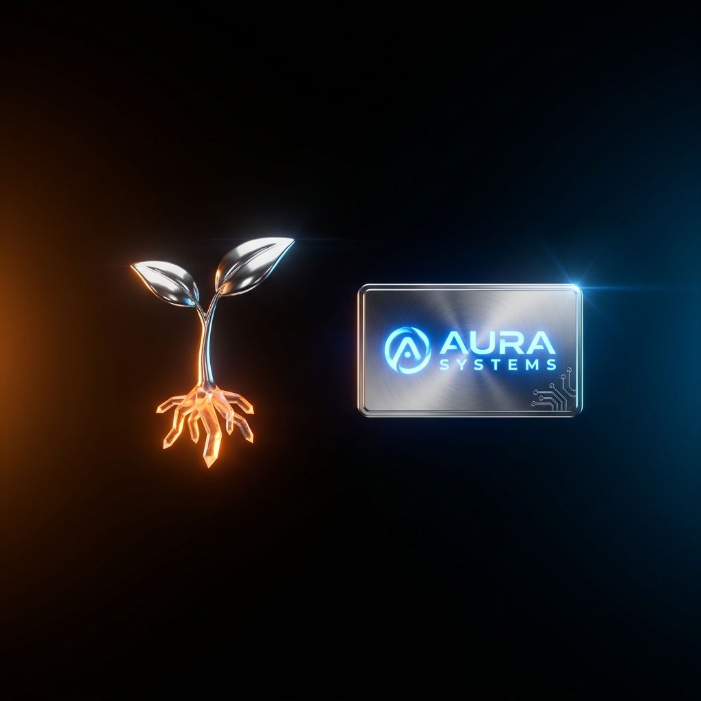 A chrome seedling and brand identity badge on a dark void