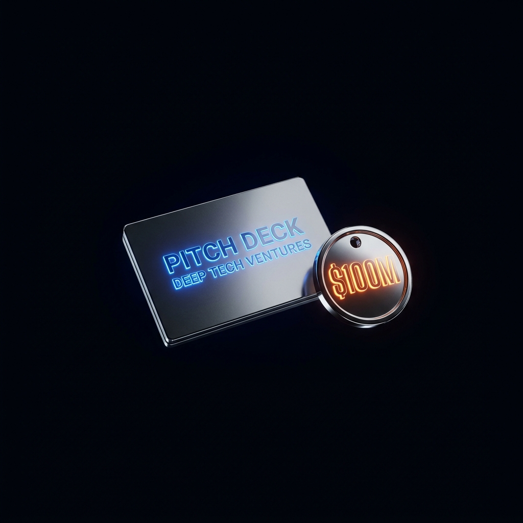 A chrome pitch deck and price tag on a dark void