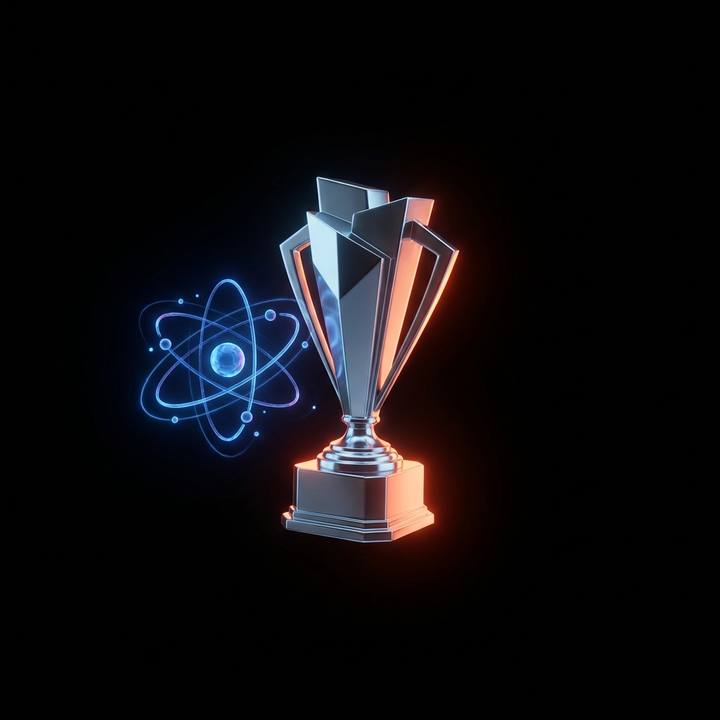 A blue quantum atom and chrome trophy on a dark void