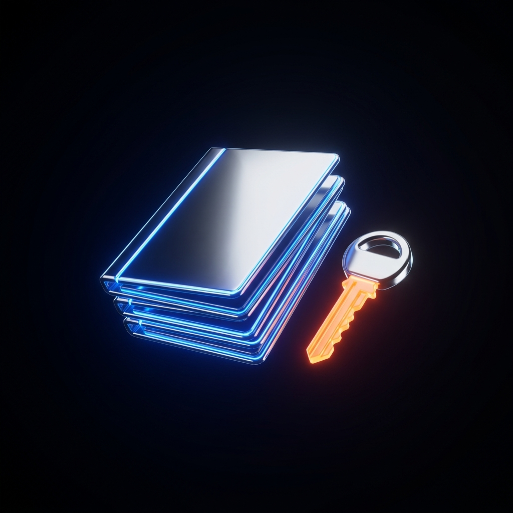 A chrome document portfolio and glowing orange key on a dark void