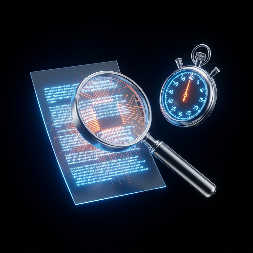 A chrome magnifying glass revealing glowing orange circuits in blue text lines, with a chrome stopwatch showing 30 seconds on a dark void