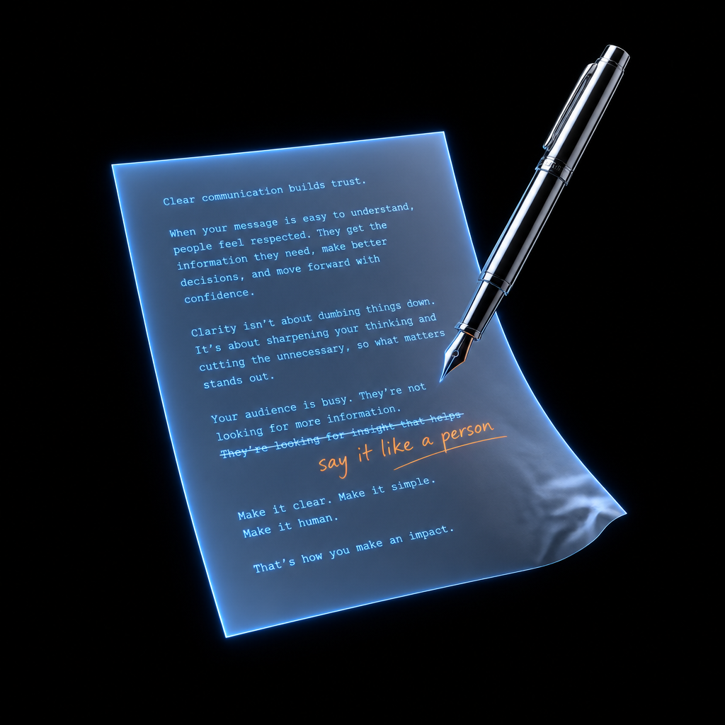 A chrome fountain pen over a page of typed copy with one line crossed out and replaced by a handwritten orange note reading say it like a person