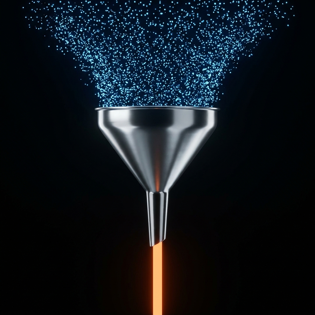 A chrome funnel taking in scattered blue particles and focusing them into a single orange beam of light