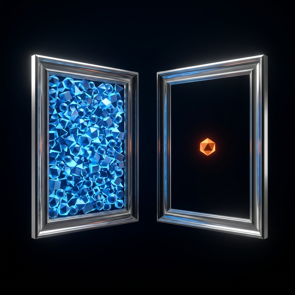 Two chrome frames side by side, one densely packed with blue shapes and the other holding a single orange shape with lots of empty space