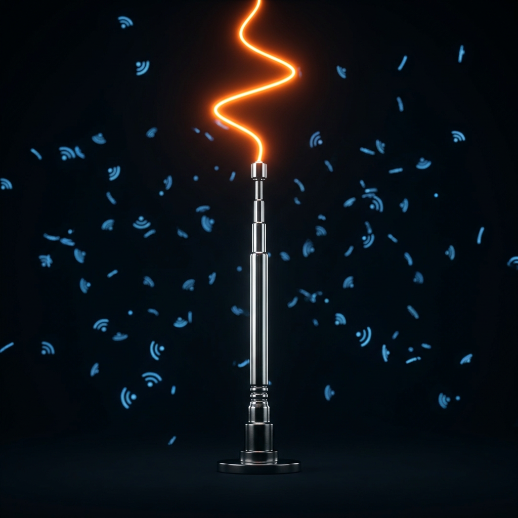 A chrome antenna transmitting a clean orange signal above a scattered field of faint blue signals