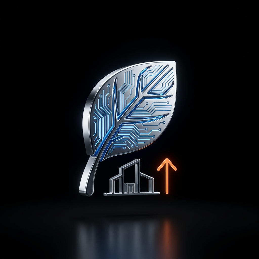 A chrome leaf with glowing circuit veins floating above a small building with a rising orange arrow