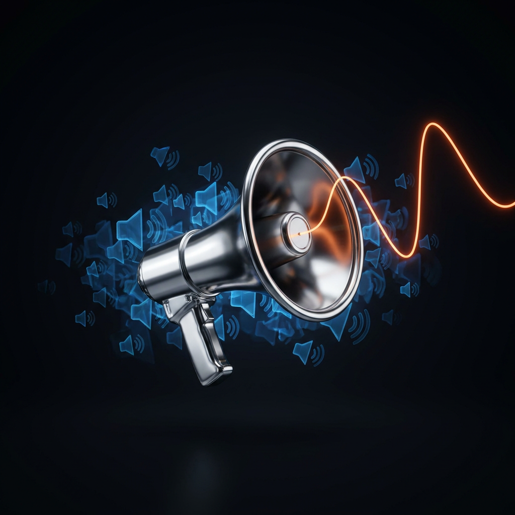 A chrome speaker with faint blurred blue echoes behind it and one clean orange waveform emerging from the front