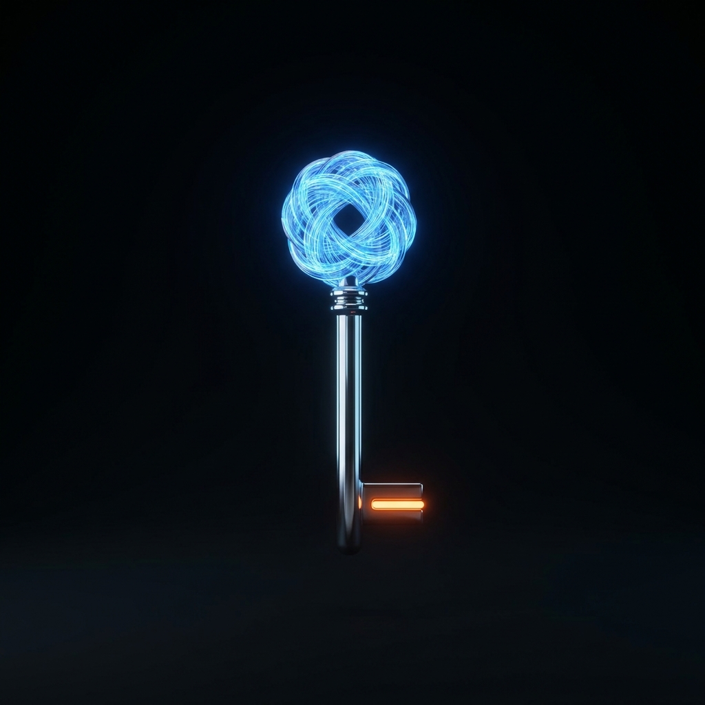 A chrome key with a tangled blue thread handle and a single clean orange blade