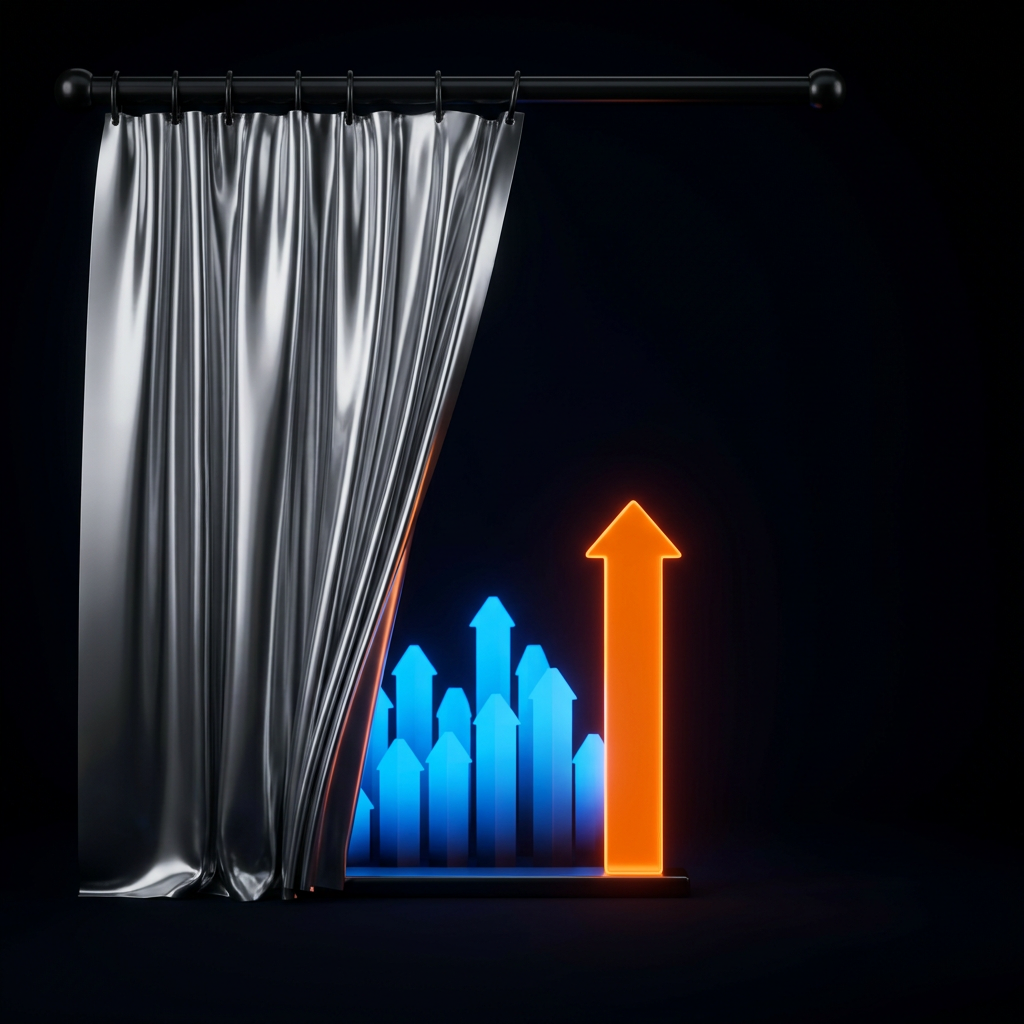 A chrome curtain hiding blue bar charts behind it with one orange bar chart standing visible in front