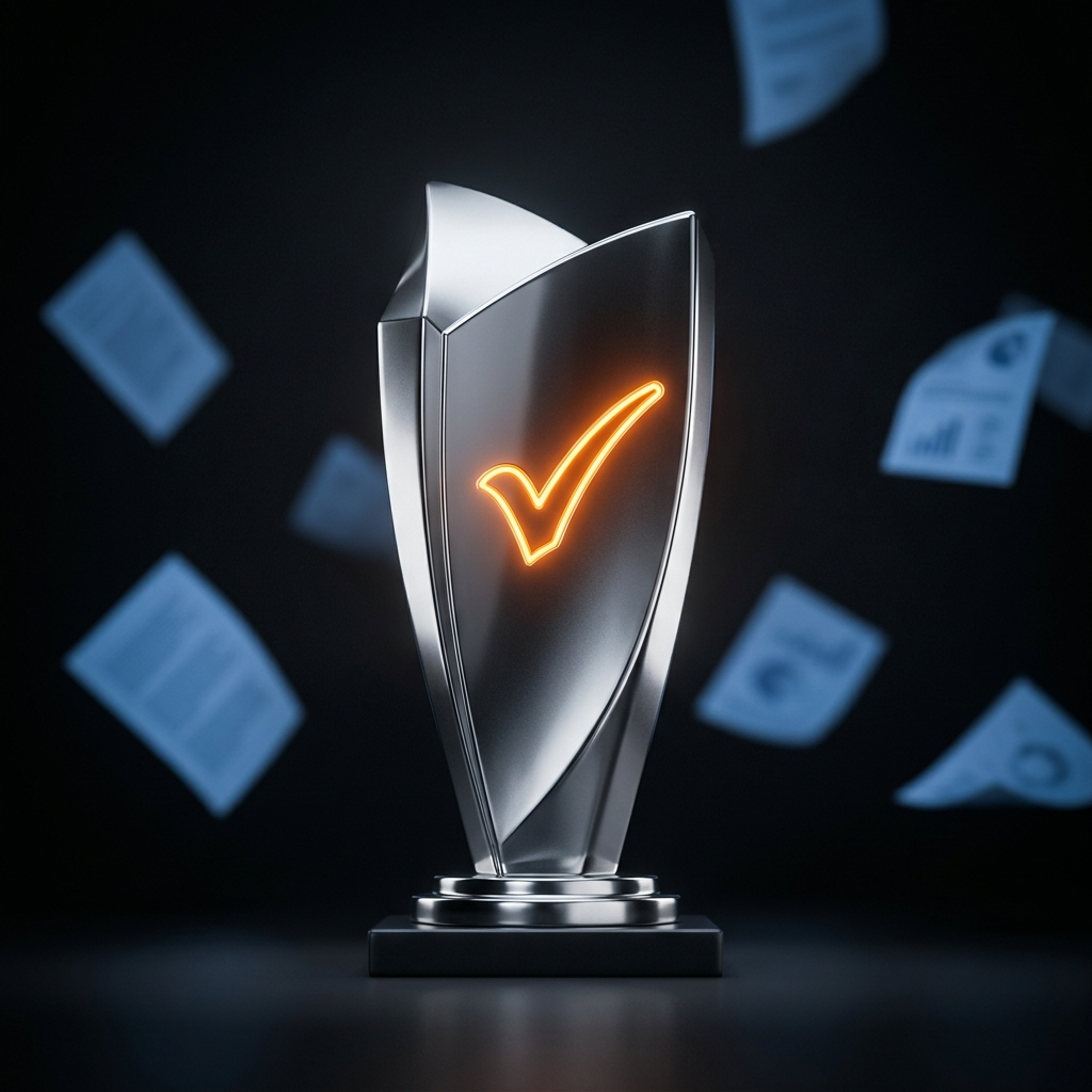 A chrome trophy with a glowing orange checkmark on a dark void