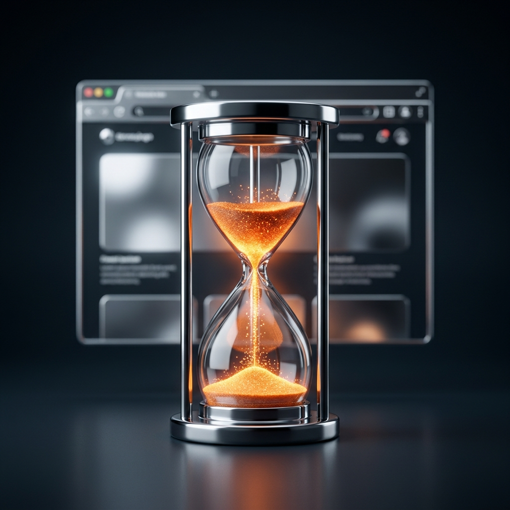 A chrome hourglass with glowing orange sand in front of a blurred chrome browser window on a dark void