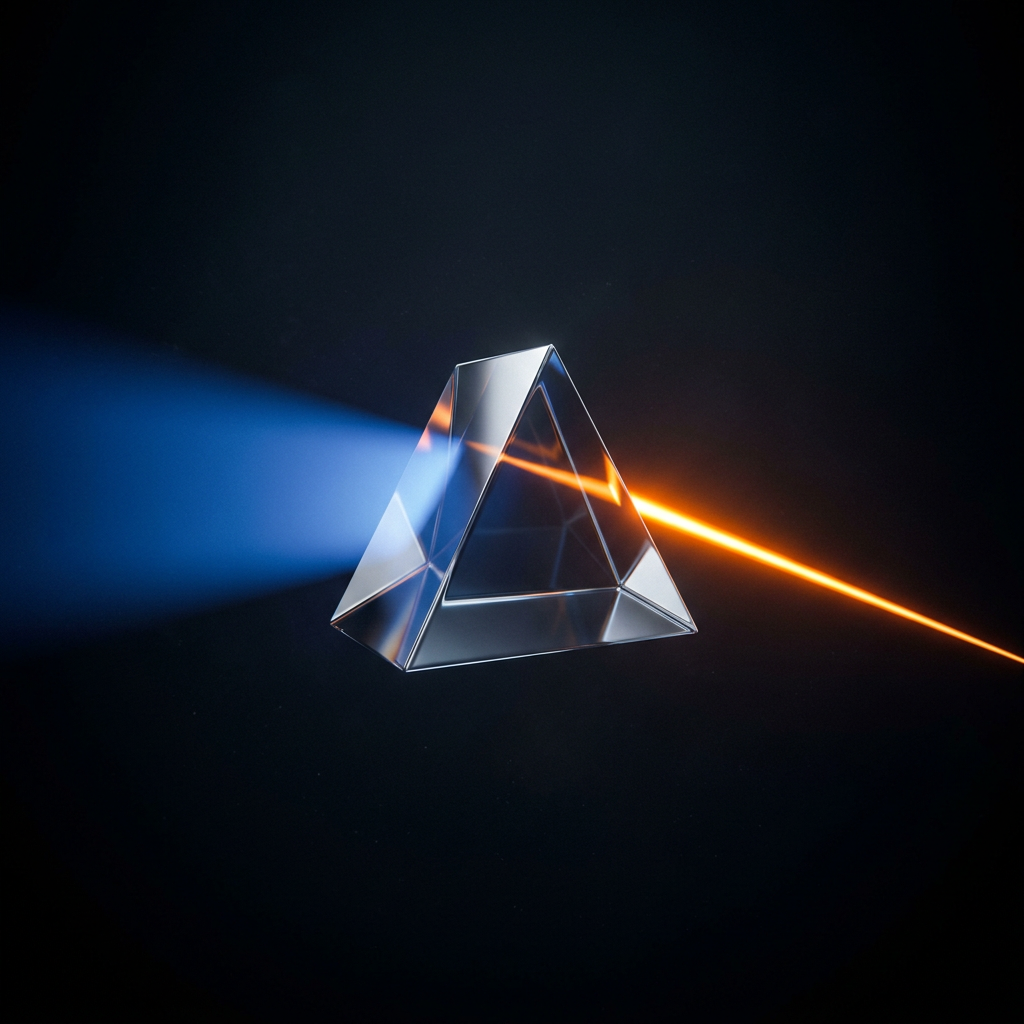 A chrome prism refracting a wide blue beam into a single focused orange beam on a dark void