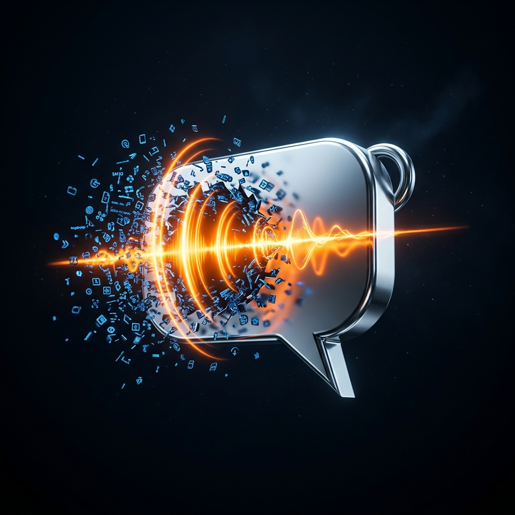 A chrome speech bubble with a glowing orange soundwave breaking through dense blue technical symbols on a dark void