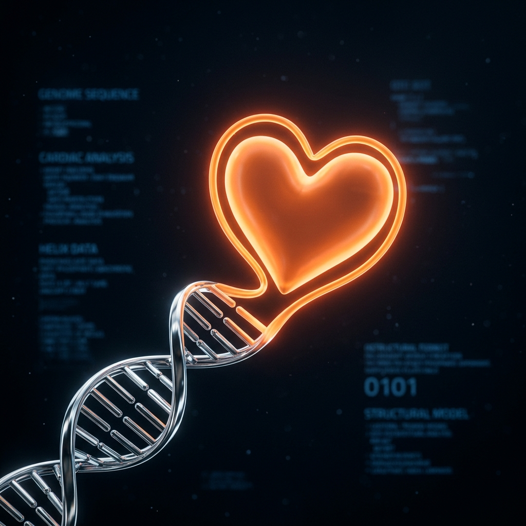 A chrome DNA double helix unwinding into a glowing orange heart shape on a dark void