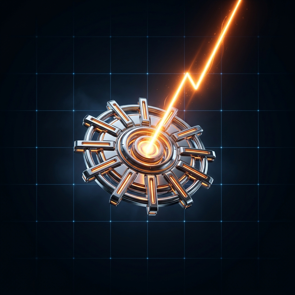 A chrome radial sun device emitting a glowing orange growth beam on a dark void