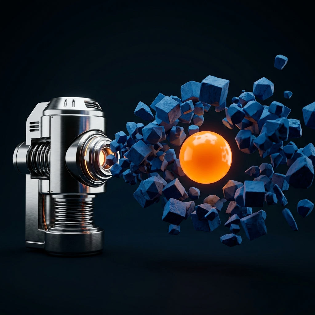 A chrome generator emitting a glowing orange sphere from scattered blue geometric shapes on a dark void