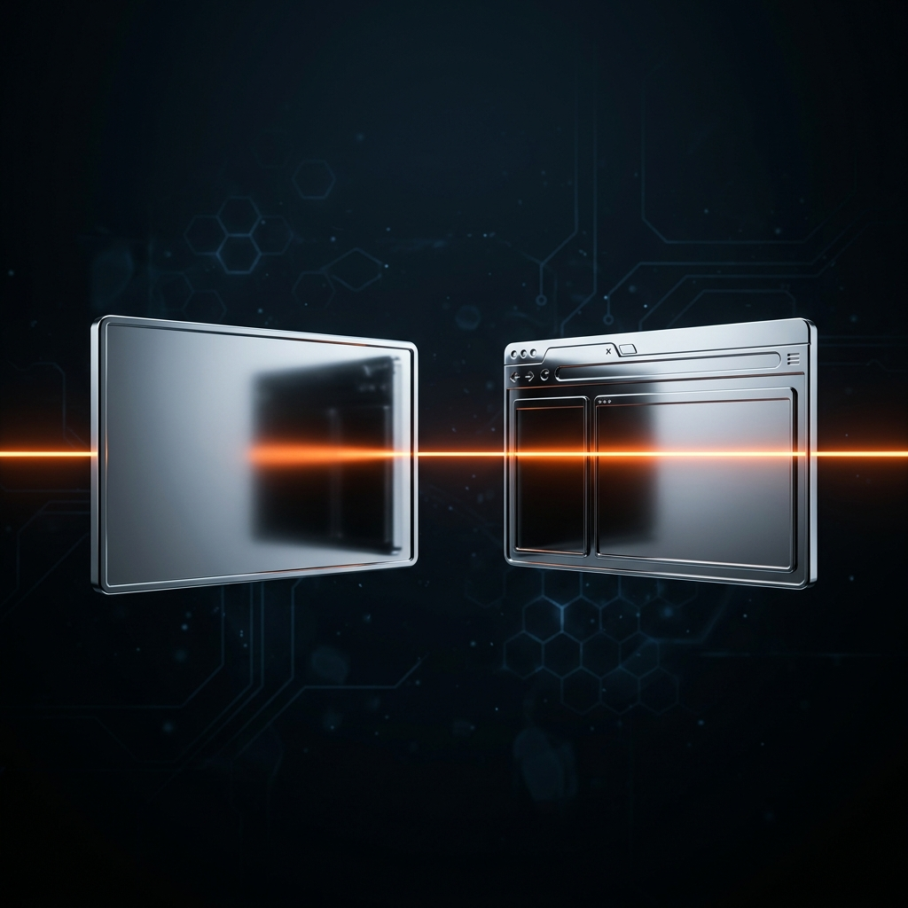 Two chrome panels shaped like a slide and a browser window, joined by a single glowing orange line on a dark void