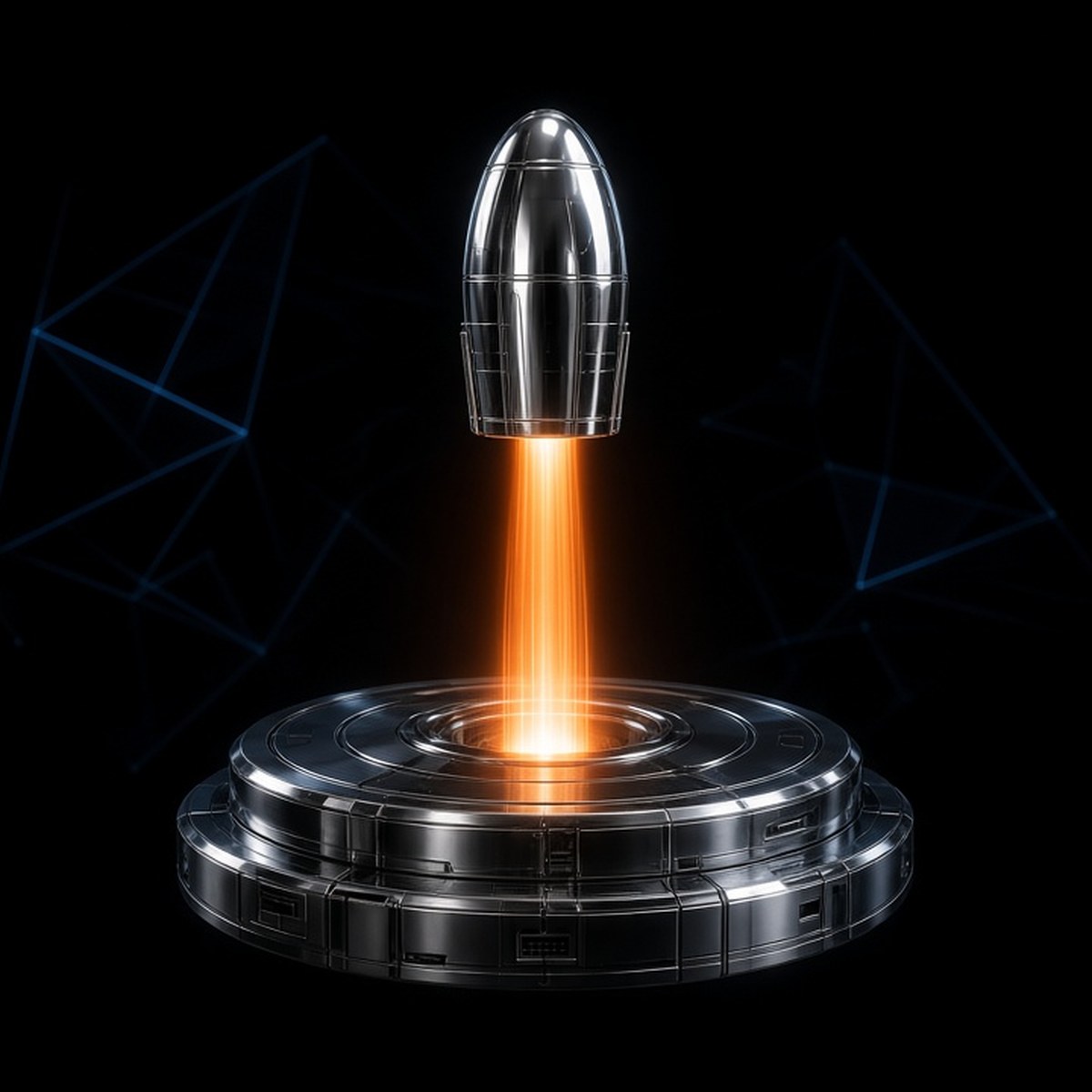 A chrome capsule lifts off a round chrome platform on a glowing orange beam against a dark background.