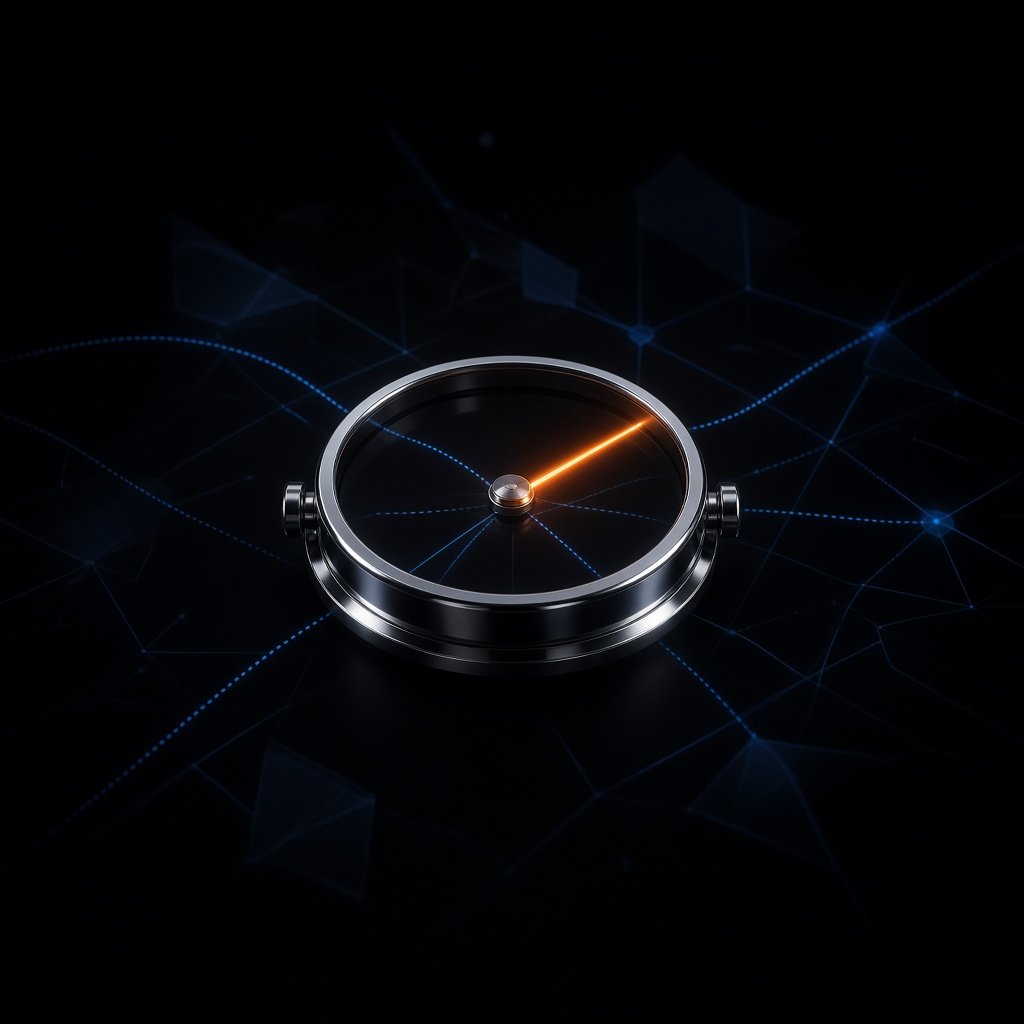 A chrome compass on a dark background with a glowing orange needle pointing across faint blue paths.