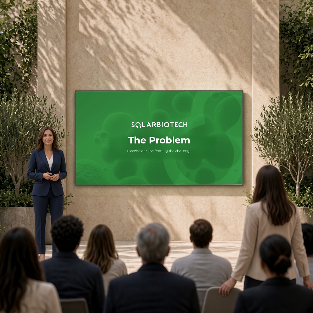 SolarBio presentation mock-up of a pitch deck slide on a stage screen beside a presenter, showing layout and design with placeholder content.