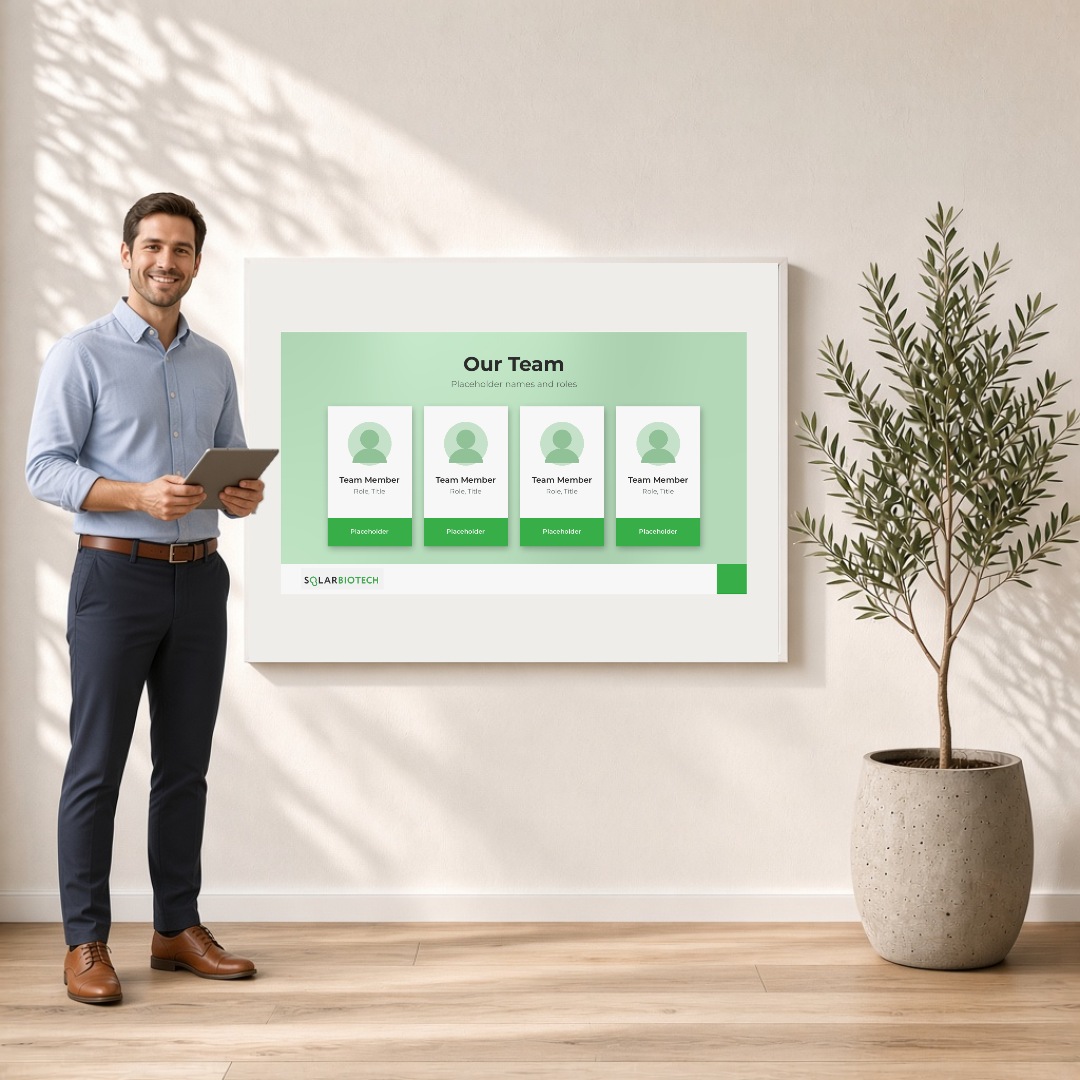 SolarBio framed print mock-up of a pitch deck slide with a presenter holding a tablet, showing layout and design with placeholder content.