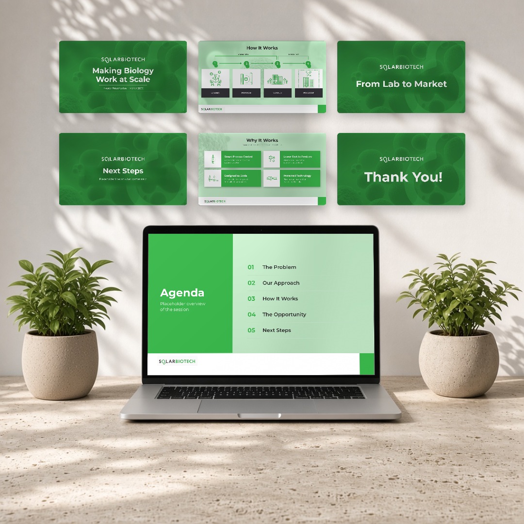 SolarBio laptop and wall mock-up of pitch deck slides, showing layout and design with placeholder content.