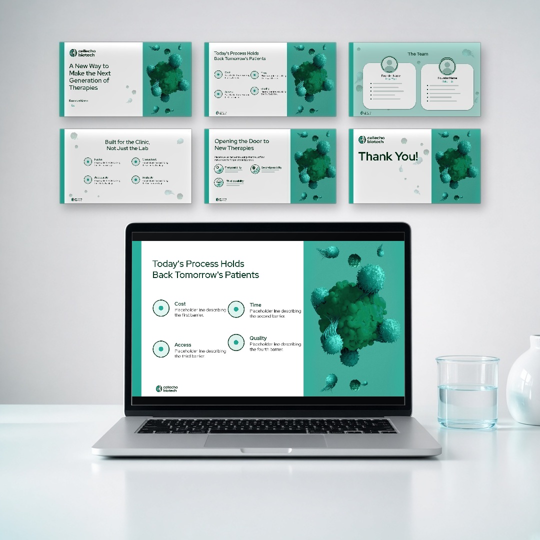 Cellecho laptop and wall mock-up of pitch deck slides, showing layout and design with placeholder content.