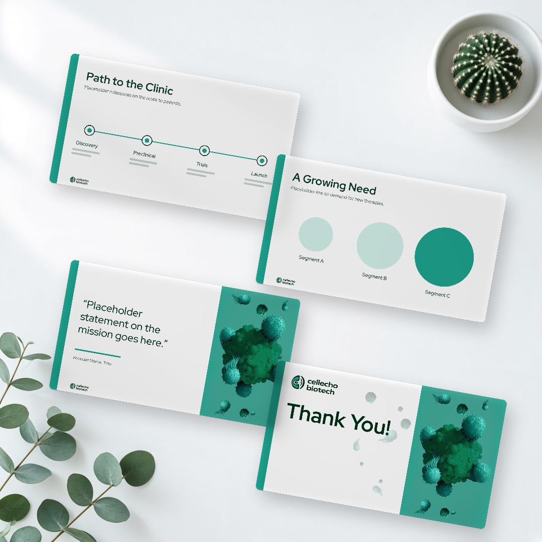 Cellecho mock-up of printed pitch deck slide cards, showing layout and design with placeholder content.