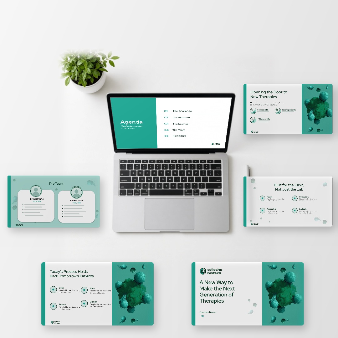 Cellecho top-down desk mock-up of printed pitch deck pages, showing layout and design with placeholder content.