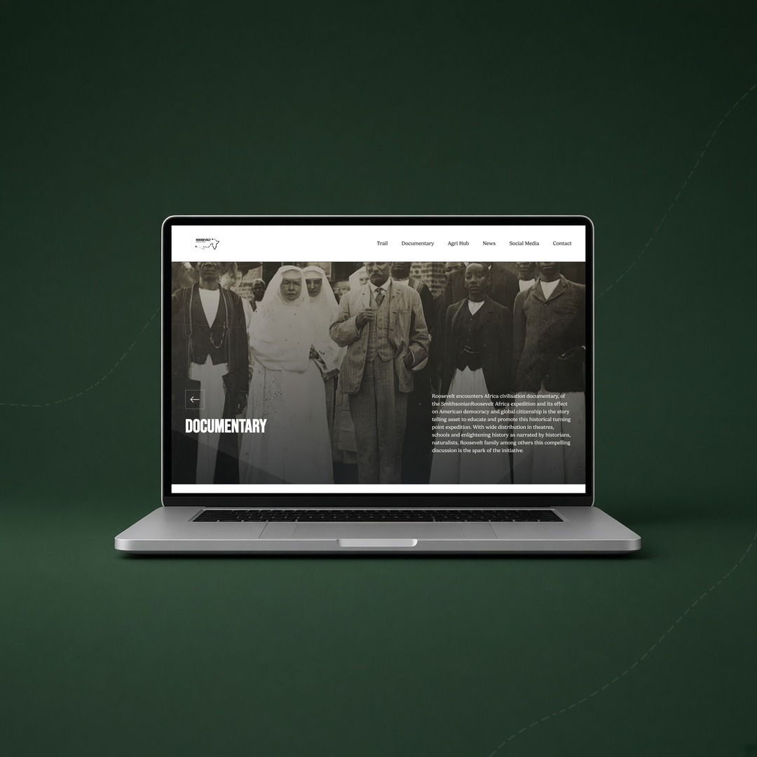 Roosevelt Africa Trail documentary page on a laptop against a deep green backdrop.