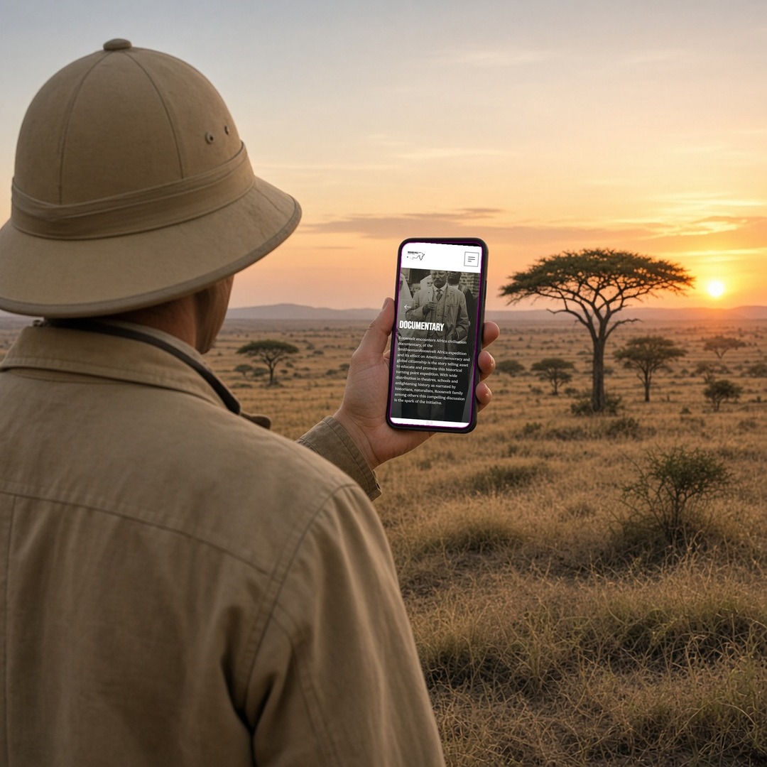 Roosevelt Africa Trail documentary page on a phone held by an explorer in safari dress at sunset, showing layout and design