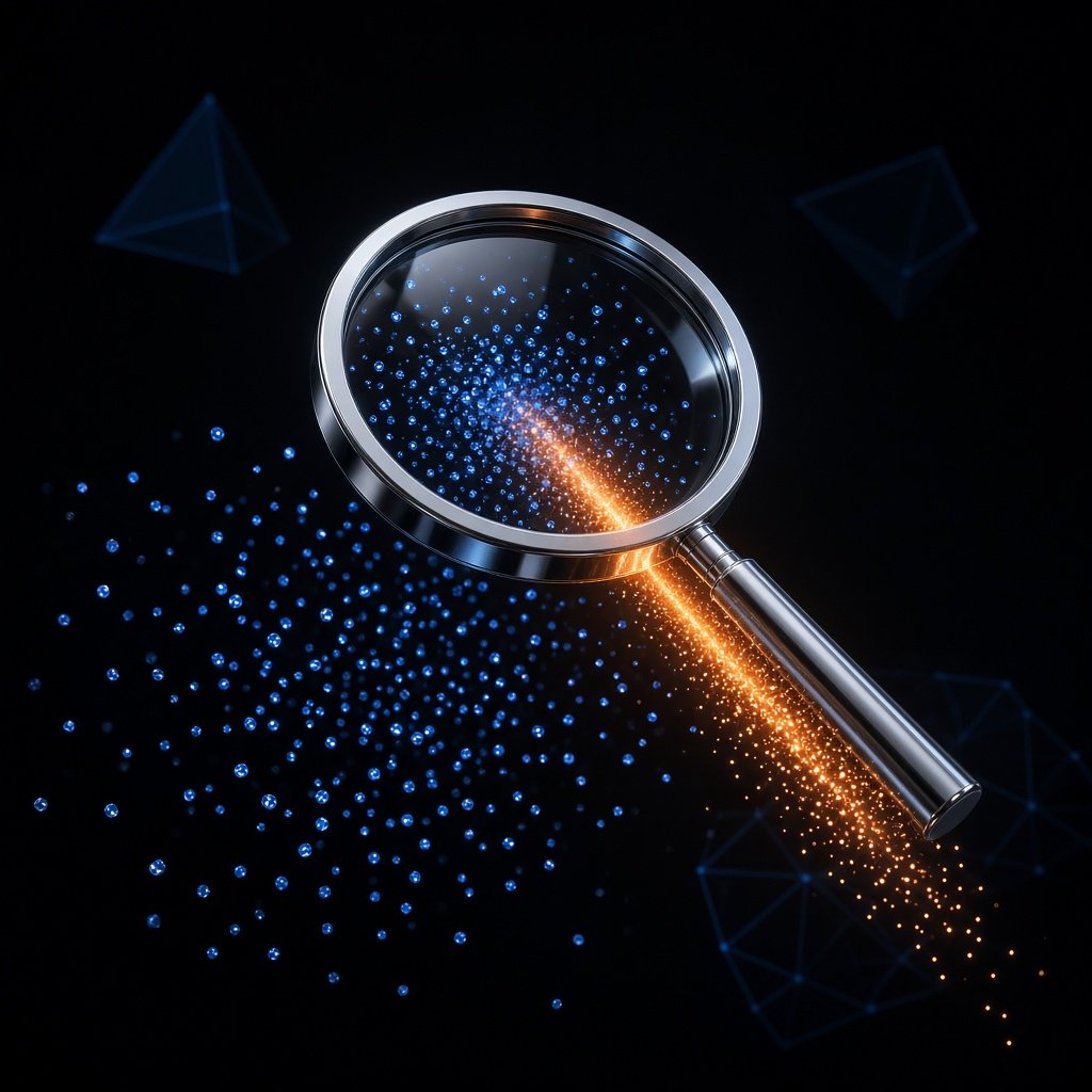 A chrome magnifying lens focusing scattered blue particles into a single glowing orange beam on a dark background.
