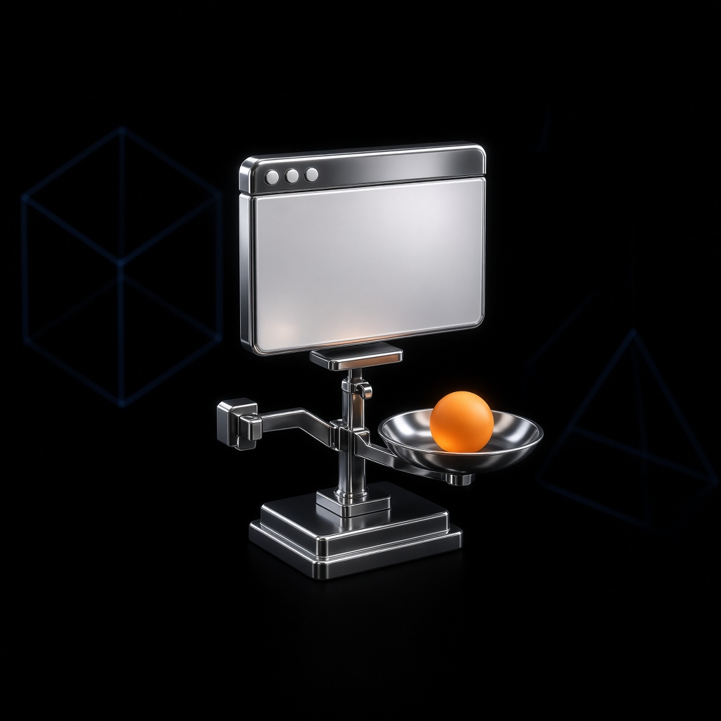 A chrome browser window mounted on a small chrome balance scale holding a glowing orange sphere on a dark background.