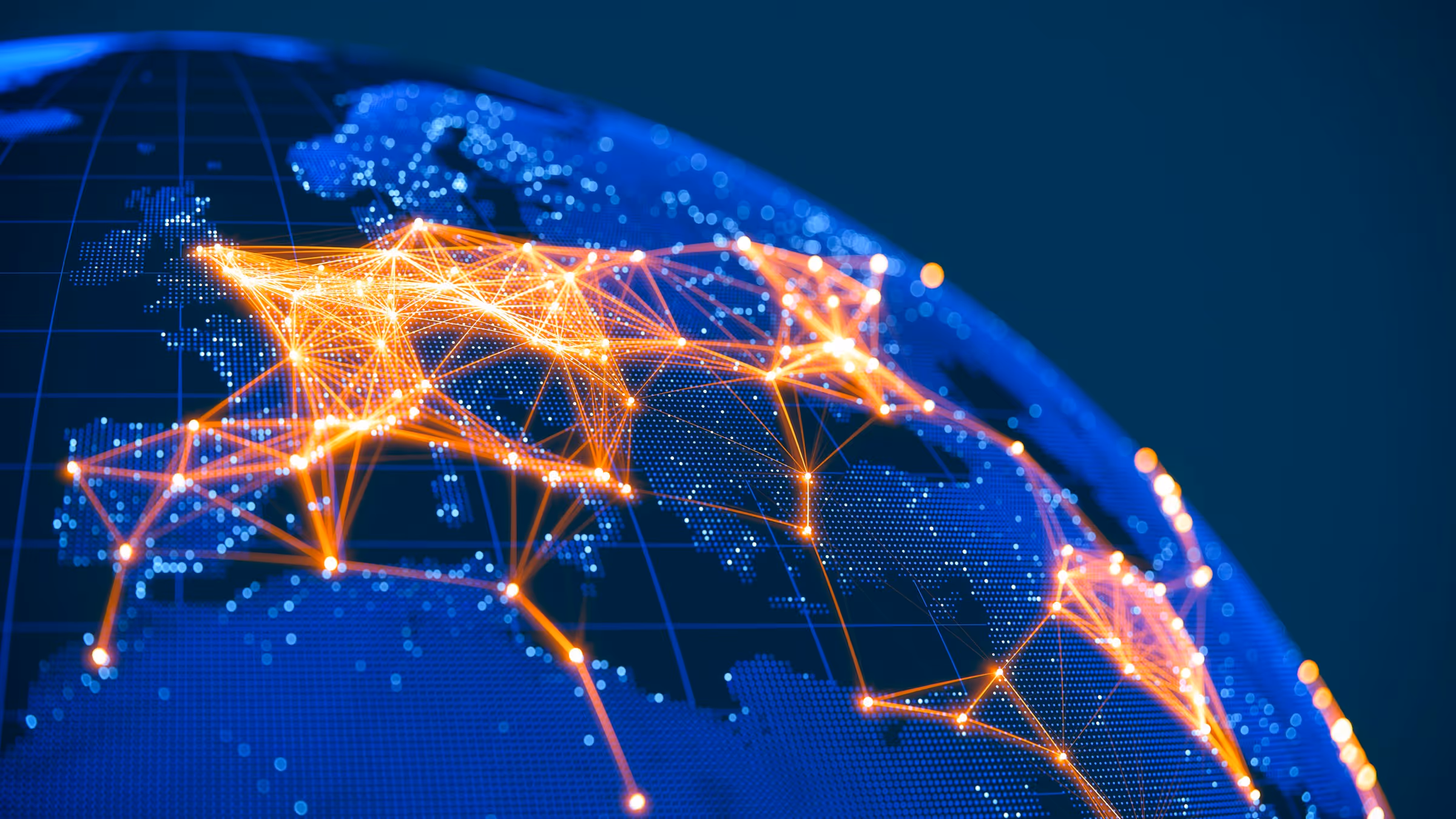 Digital globe highlighting Europe with interconnected orange glowing network nodes and blue dotted map.