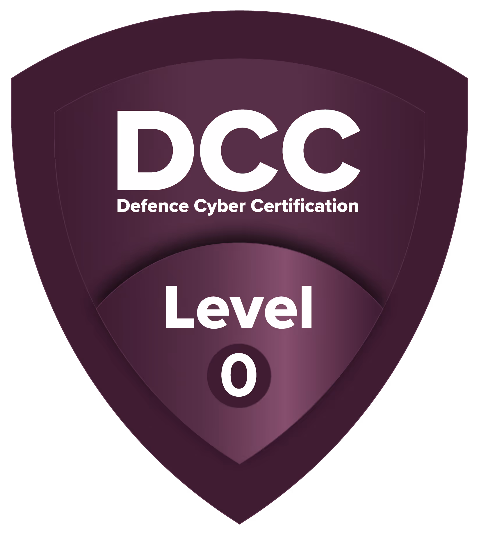 Shield emblem with text Defence Cyber Certification and Level 0 in white on a purple background.
