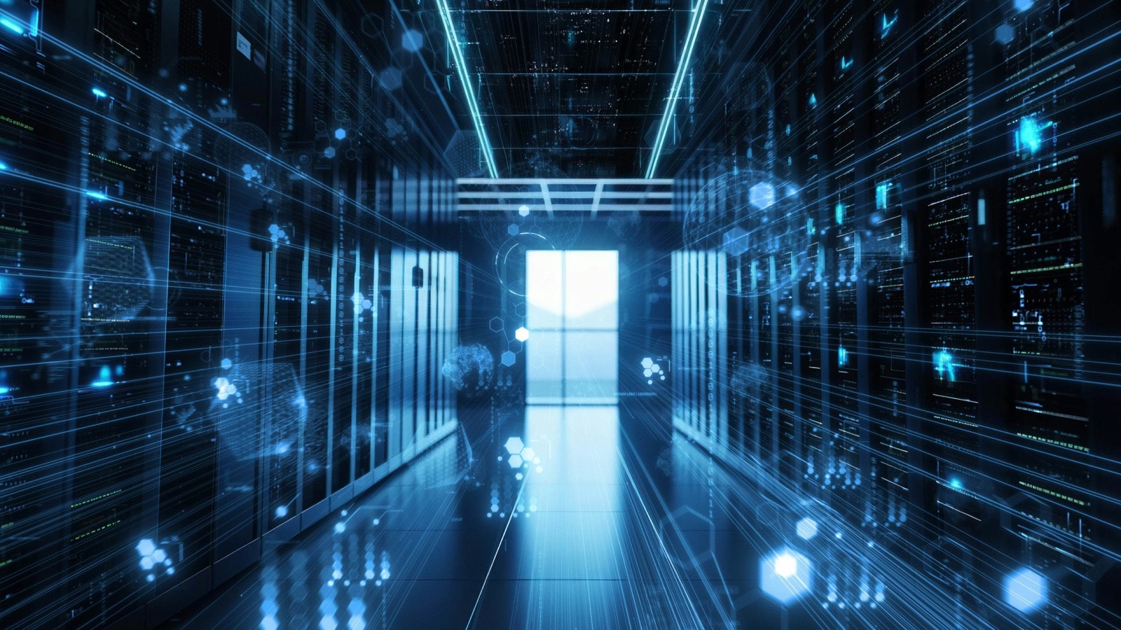 Illuminated server rack lights in a data center with blue ambient lighting.