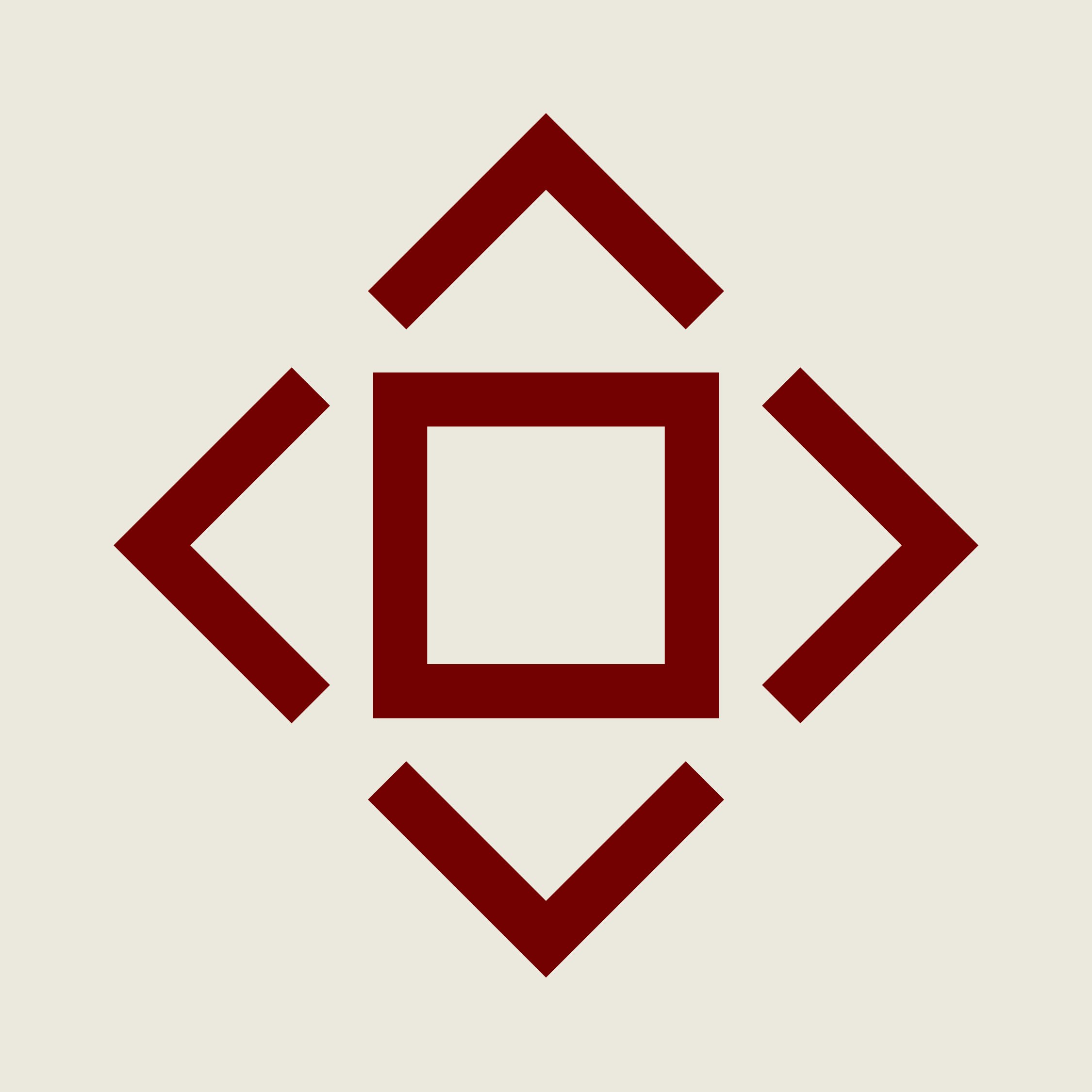 Dark red geometric design with a central square surrounded by four chevrons pointing outward on a light beige background.