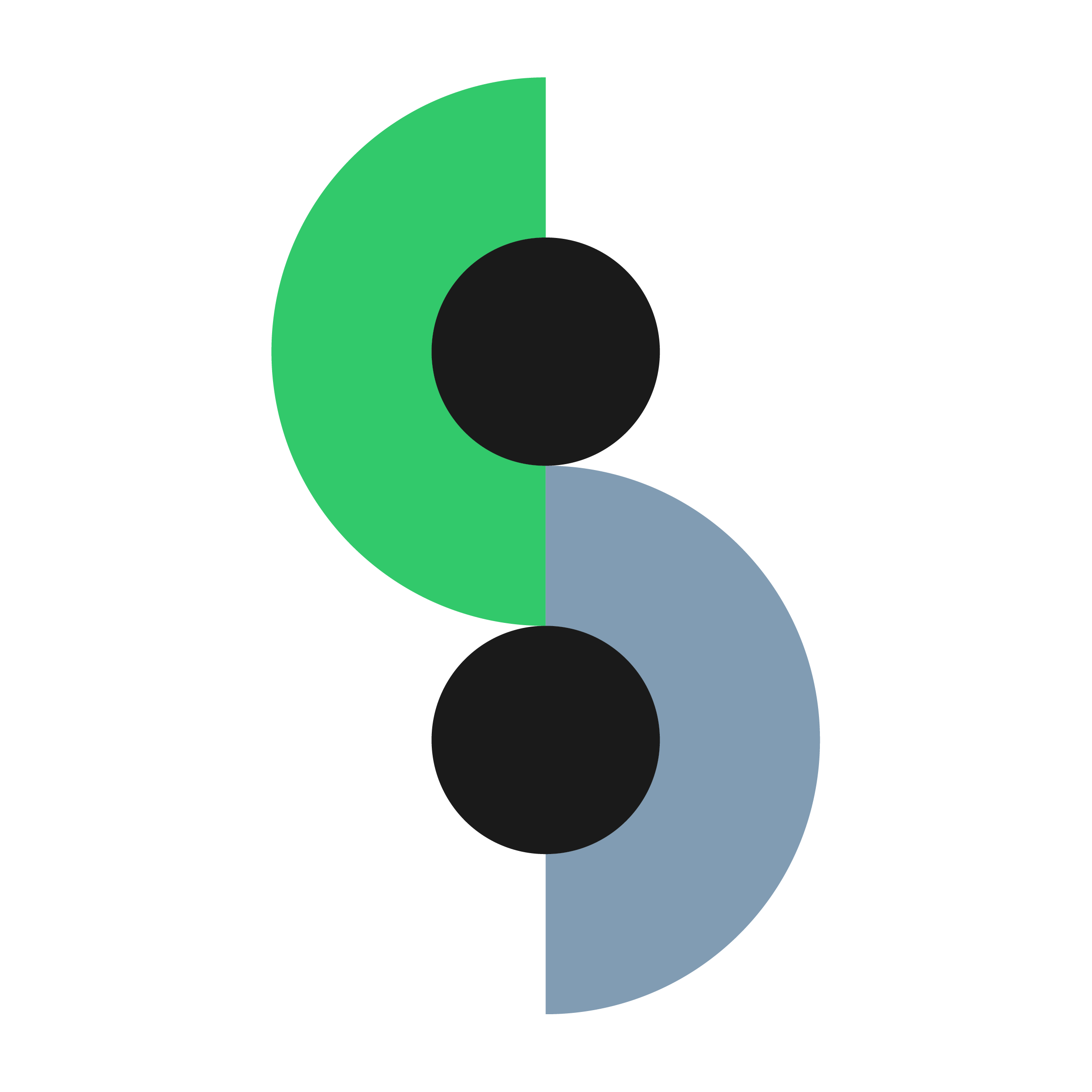 Abstract geometric design with a green semicircle and a blue semicircle on opposite sides, each overlapping a black circle in the center.