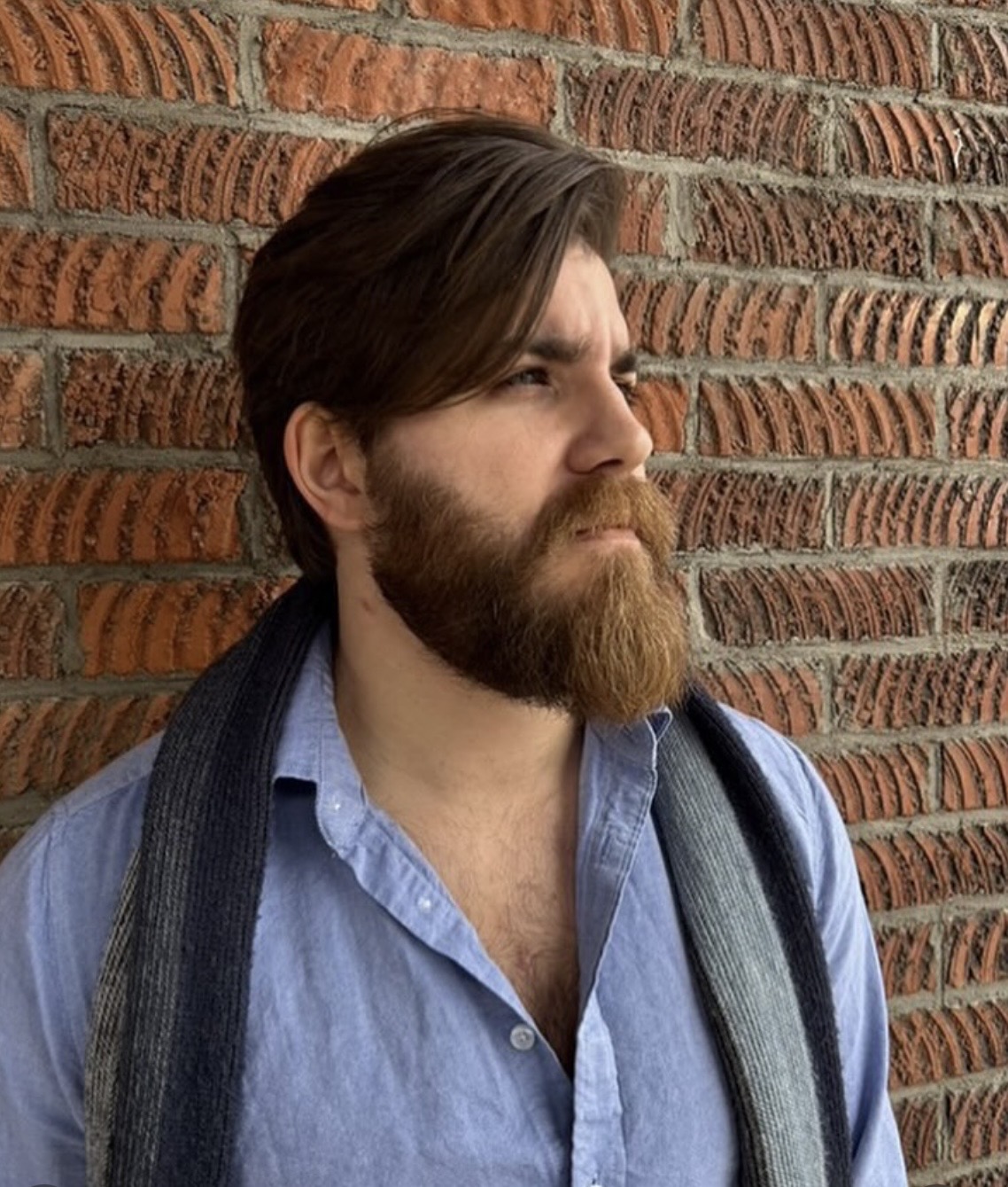 Bearded man with medium-length brown hair, wearing a light blue shirt and a striped scarf, standing against a textured brick wall.