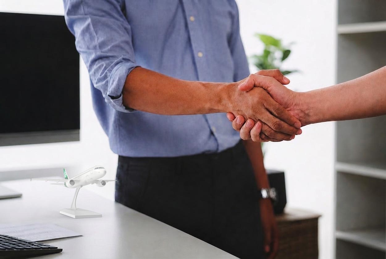 Two people shaking hands in an office in Advanced Turbine Systems with a small airplane model on the desk.