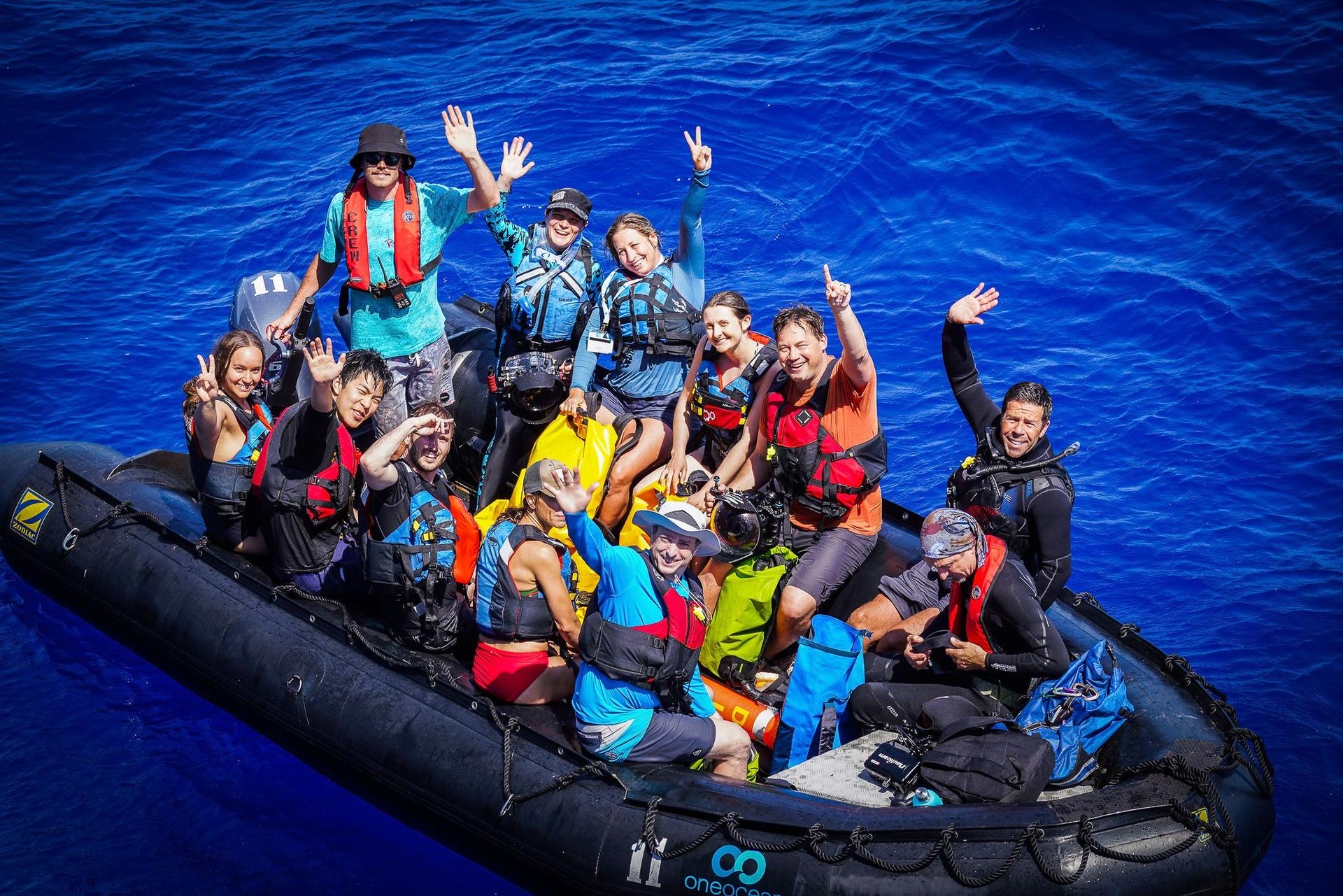 Expedition team in a Zodiac on the open ocean