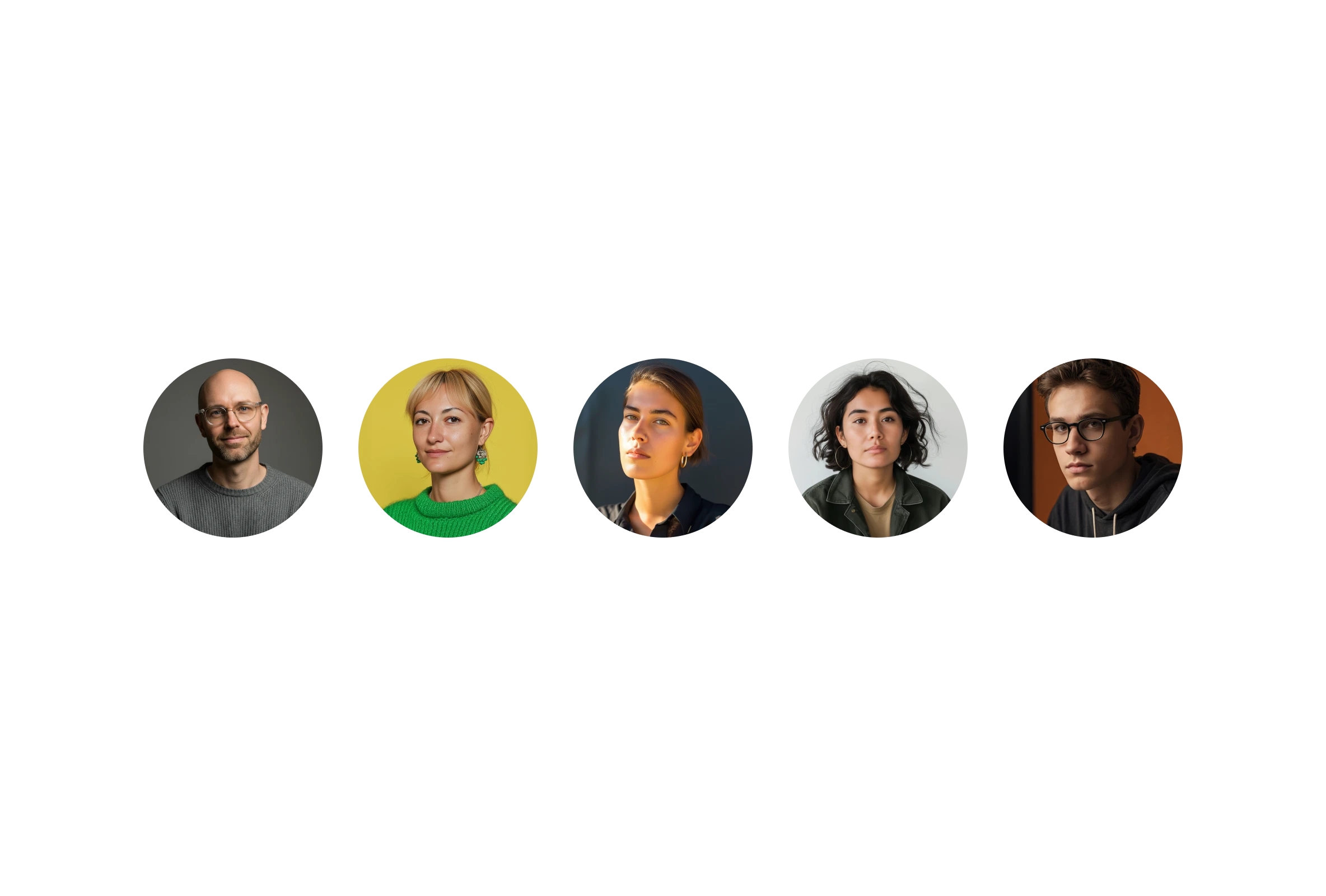 Row of five diverse young adults with neutral expressions in circular frames.