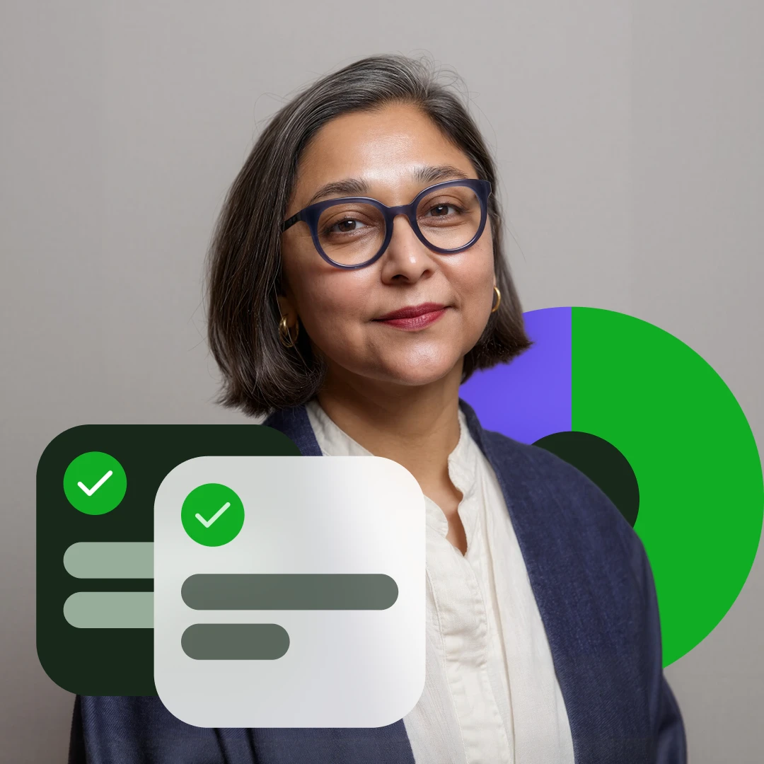 Portrait of a middle-aged woman with glasses, short dark hair, and a confident smile, with graphic checkmark icons and a green-blue pie chart in the background.