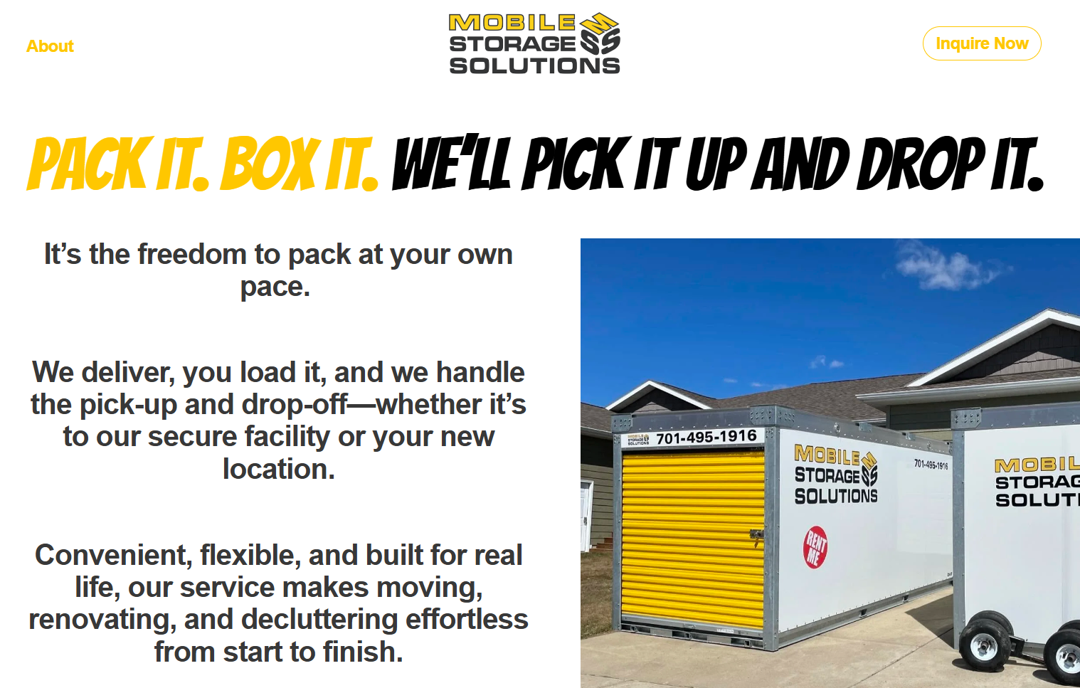 Mobile Storage Solutions website homepage, designed by Storyteller Studios